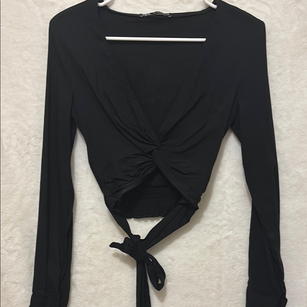 Zara Black Tie Front Long Sleeve Blouse